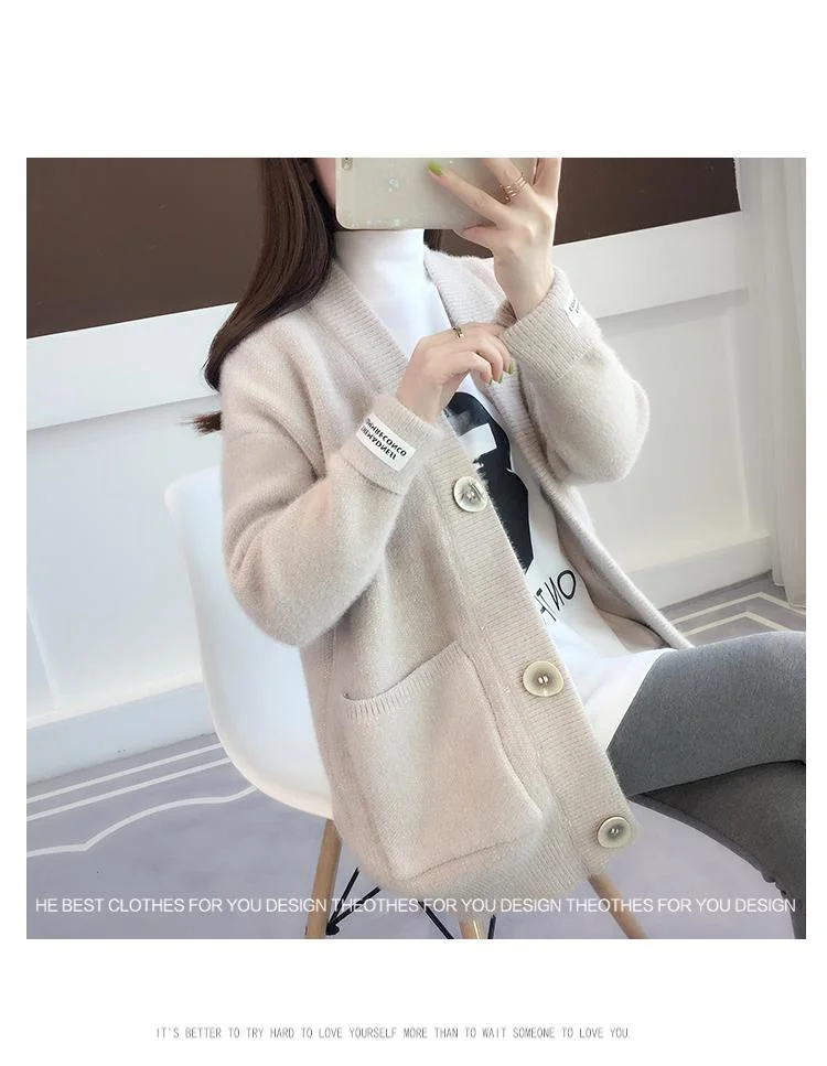 Ailegogo Spring Autumn Big Button Single Breasted Lazy Loose Pocket Solid Knitted Warm Soft Women Lady Cardigan Sweater