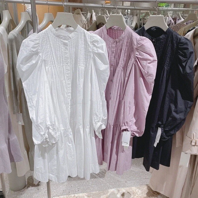 Christmas Gift Kuzuwata Fresh Sweet Single Breasted Women Dress 2021 Spring New Japan Style Puff Long Sleeve Vestidos O Neck Shirts Dresses