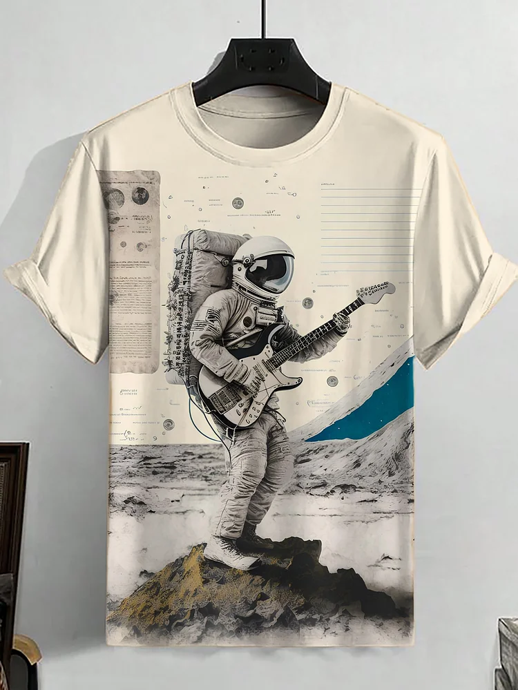 Men's Astronaut Playing Electric Guitar Sci-Fi Art Print Casual T-Shirt