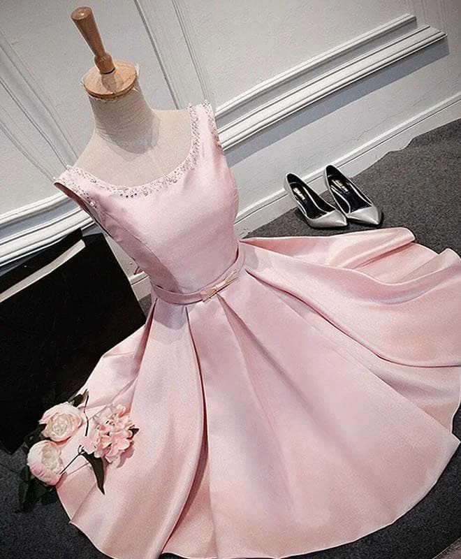 Pink Round Neck Satin Short Prom Dress, Pink Evening Dress