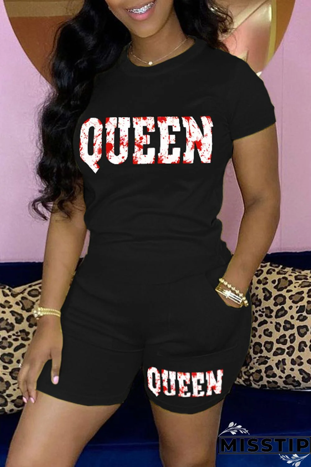 Black Casual Letter Print Basic O Neck Short Sleeve Two Pieces