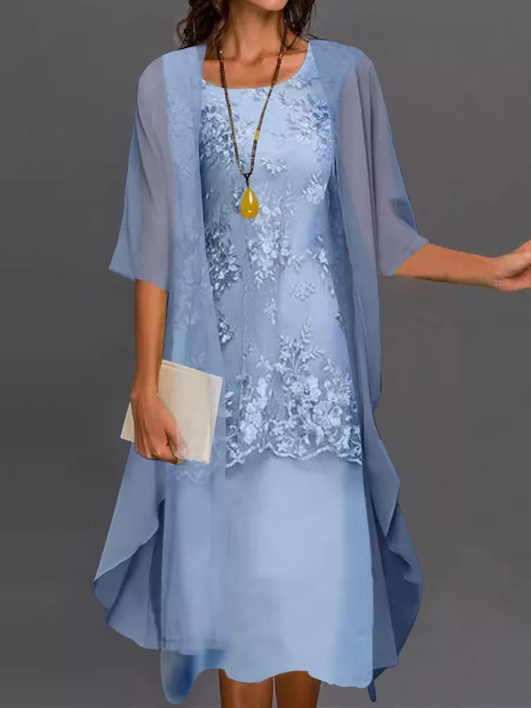 Crew Neck Elegant Regular Fit Floral Dresses two-piece