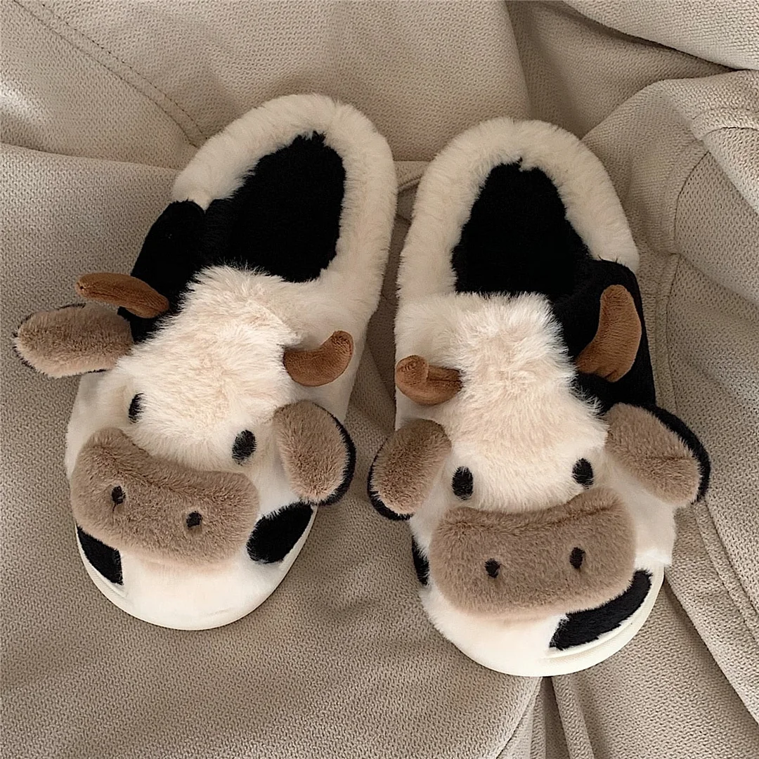 Vstacam 2022 Cute Animal Slipper For Women Girls Fashion Kawaii Fluffy Winter Warm Slippers Woman Cartoon Milk Cow House Slippers Funny Shoes