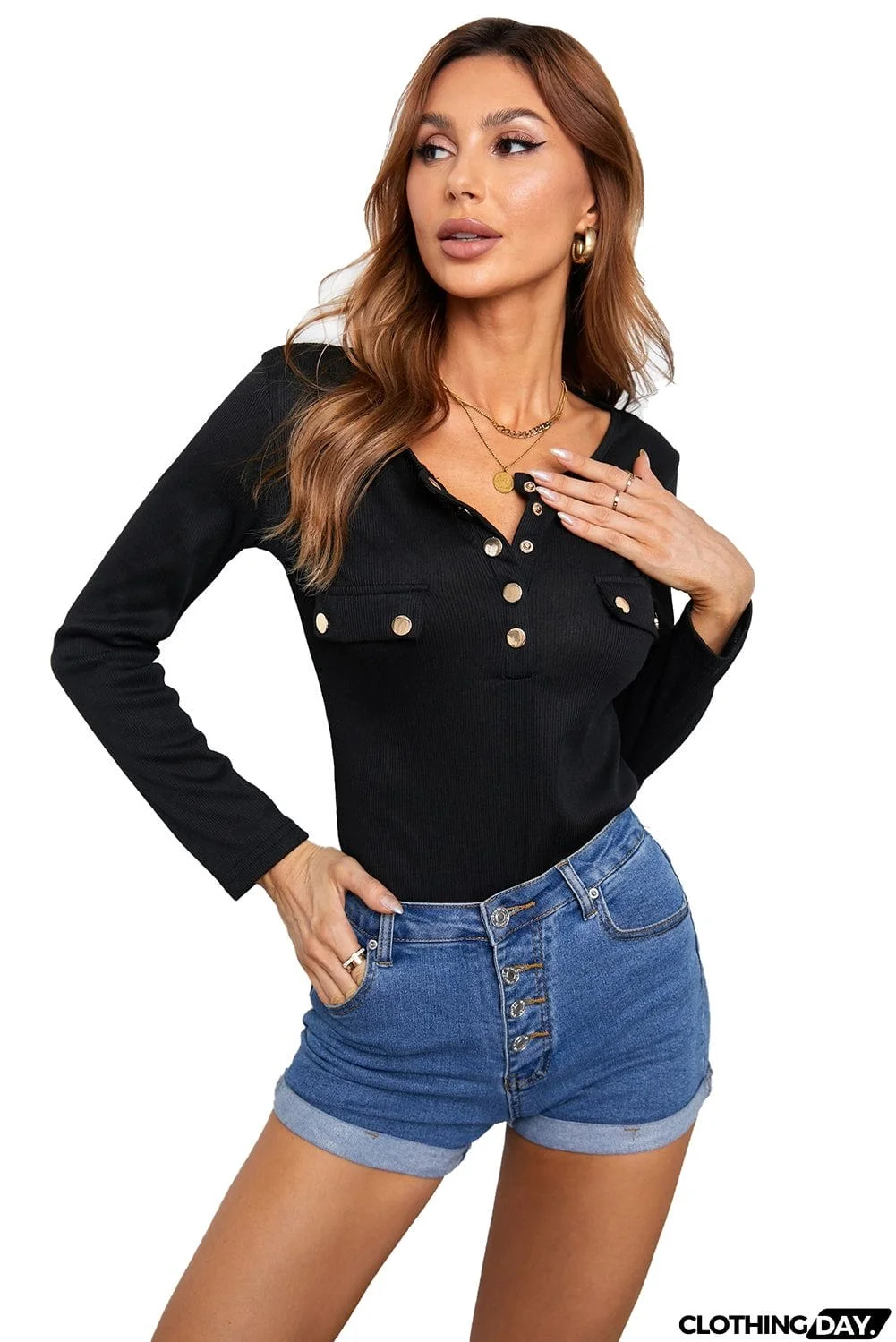Ribbed Front Button Mock Pockets Long Sleeve Top