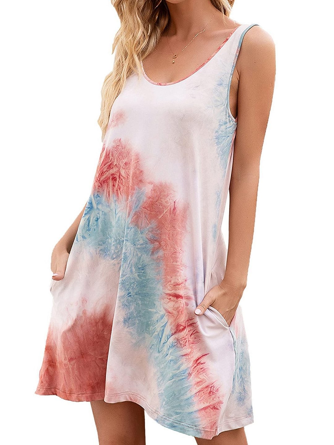 Women's Tie-dye Printed Sleeveless Round Collar Midi Dress