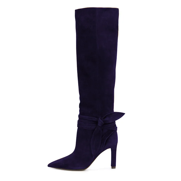 Bottes à talons aiguilles en daim bleu marine avec nœuds Flusfy