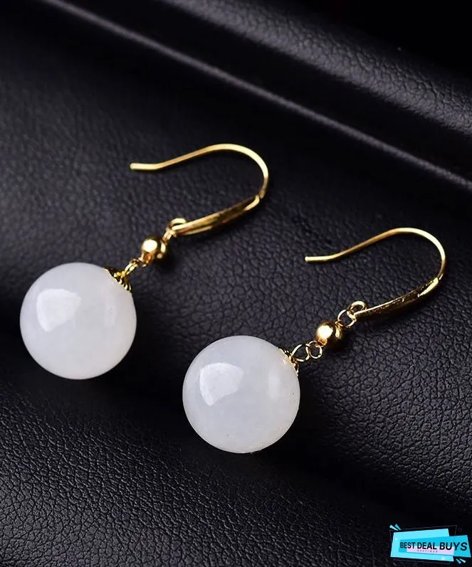 Simple Gold 18K Gold Inlaid Sheep Fat Jade Ball Drop Earrings