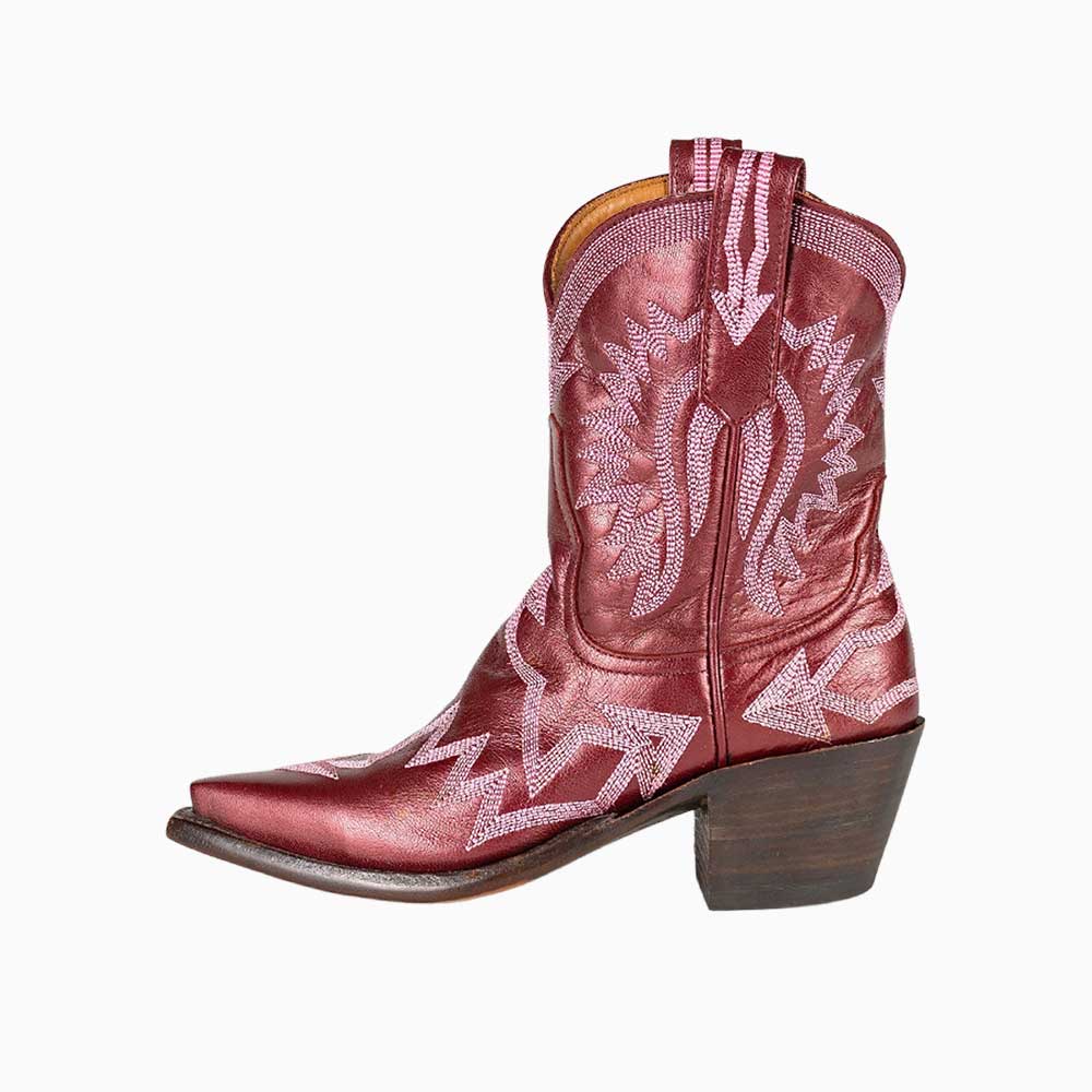 Metallic Maroon Snip Toe Embroidered Booties Heeled Cowgirl Boots