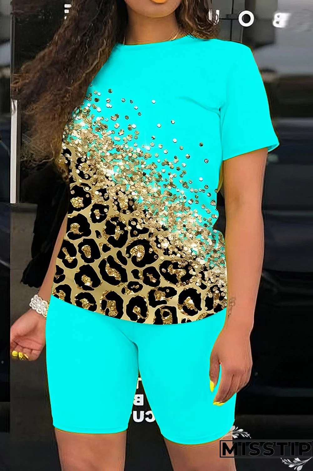 Multicolor Casual Print Basic O Neck Short Sleeve Two Pieces