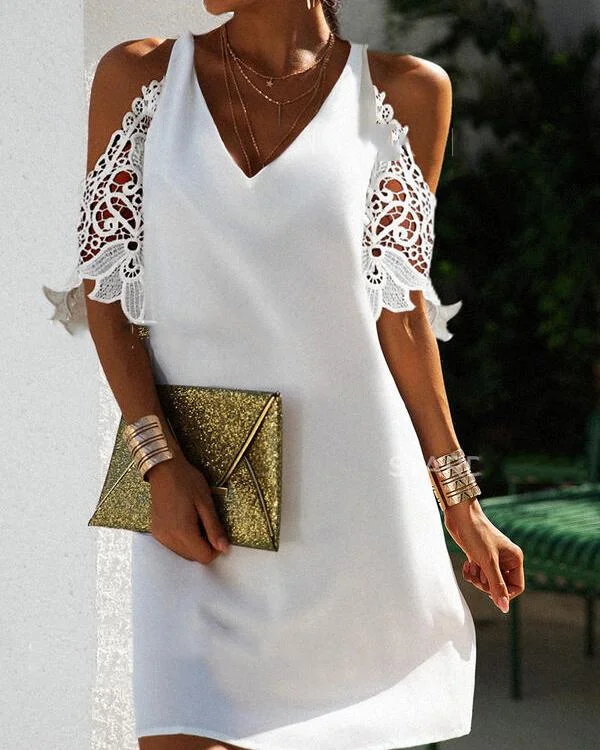 Lace Off Shoulder Chiffon Dress