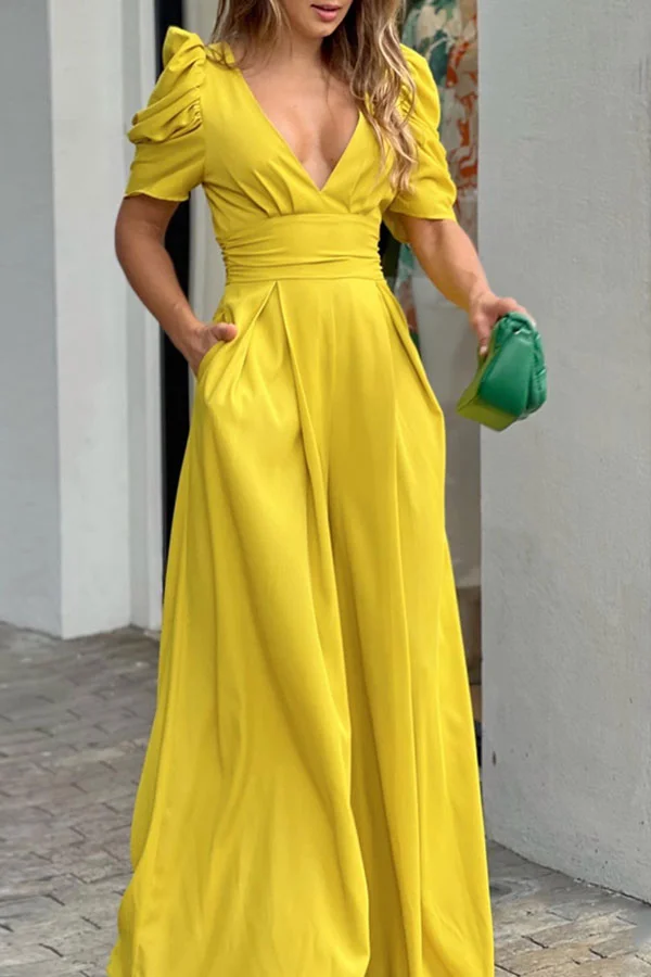 Solid Color Puff Sleeve Pretty Wide Leg Jumpsuit