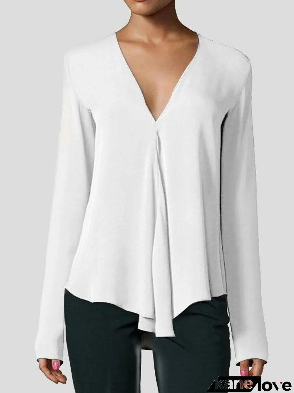 V-neck Long-sleeved Chiffon Solid Blouse