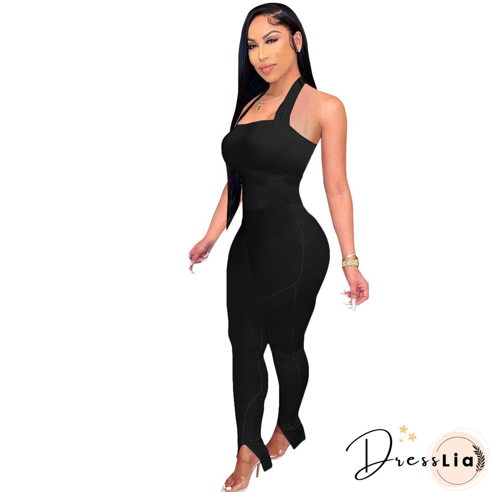 Women Solid Color Sportswear Sleeveless Halter Bodycon Jumpsuits