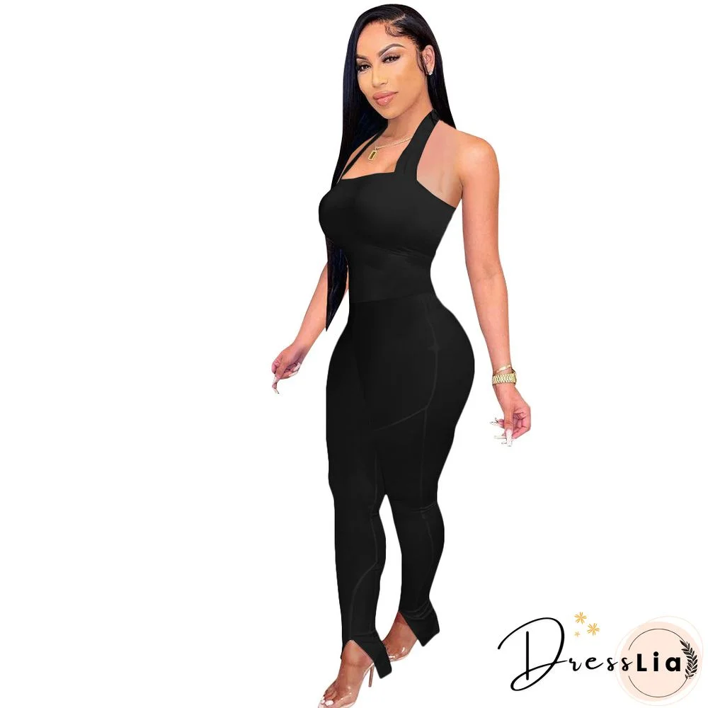 Women Solid Color Sportswear Sleeveless Halter Bodycon Jumpsuits