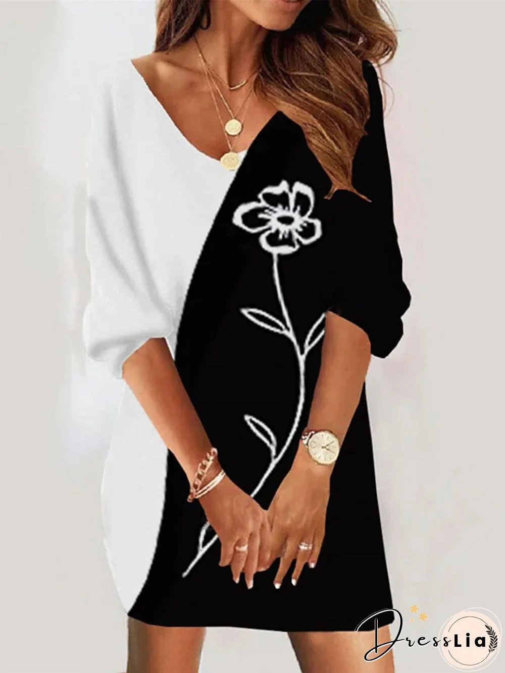 Casual Color Block Floral V Neck Long Sleeve Loose Dresses