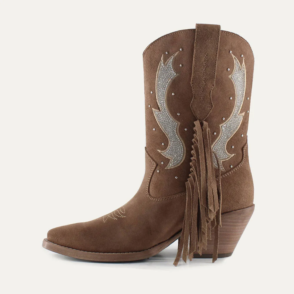 Brown Rhinestone Stacked Heel Fringe Western Boots for Women