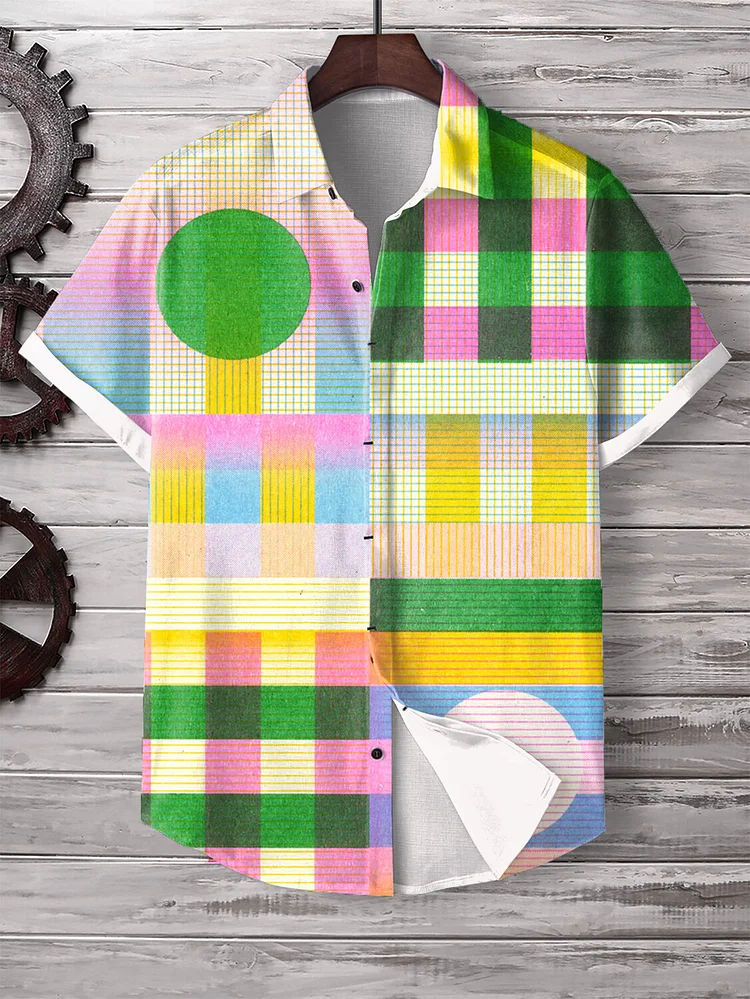 Men's Vacation Colorblock Plaid Geometric Art Print Shirt
