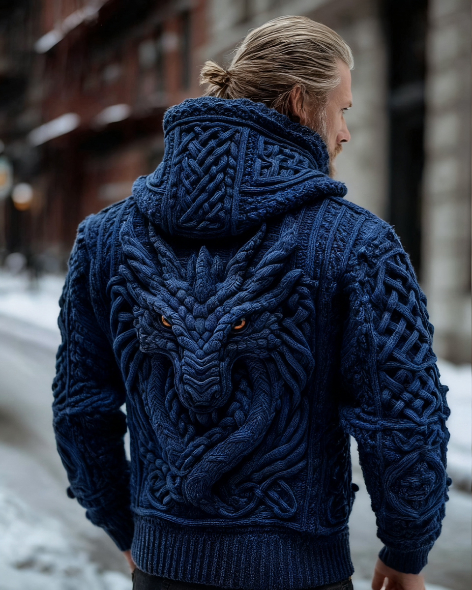 Men's Vintage Viking Dragon Style Celtic Knot Art Chunky Knit Hooded Zip-up Sweater  artssus