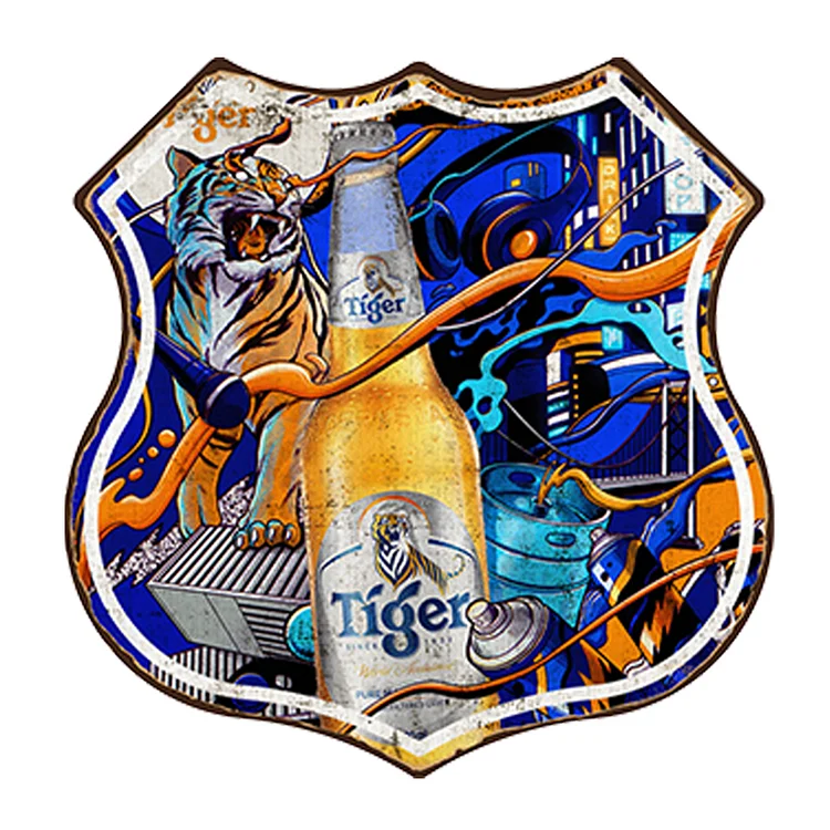 Bière de tigre - bouclier vintage enseigne en étain - 11.8x11.8inch