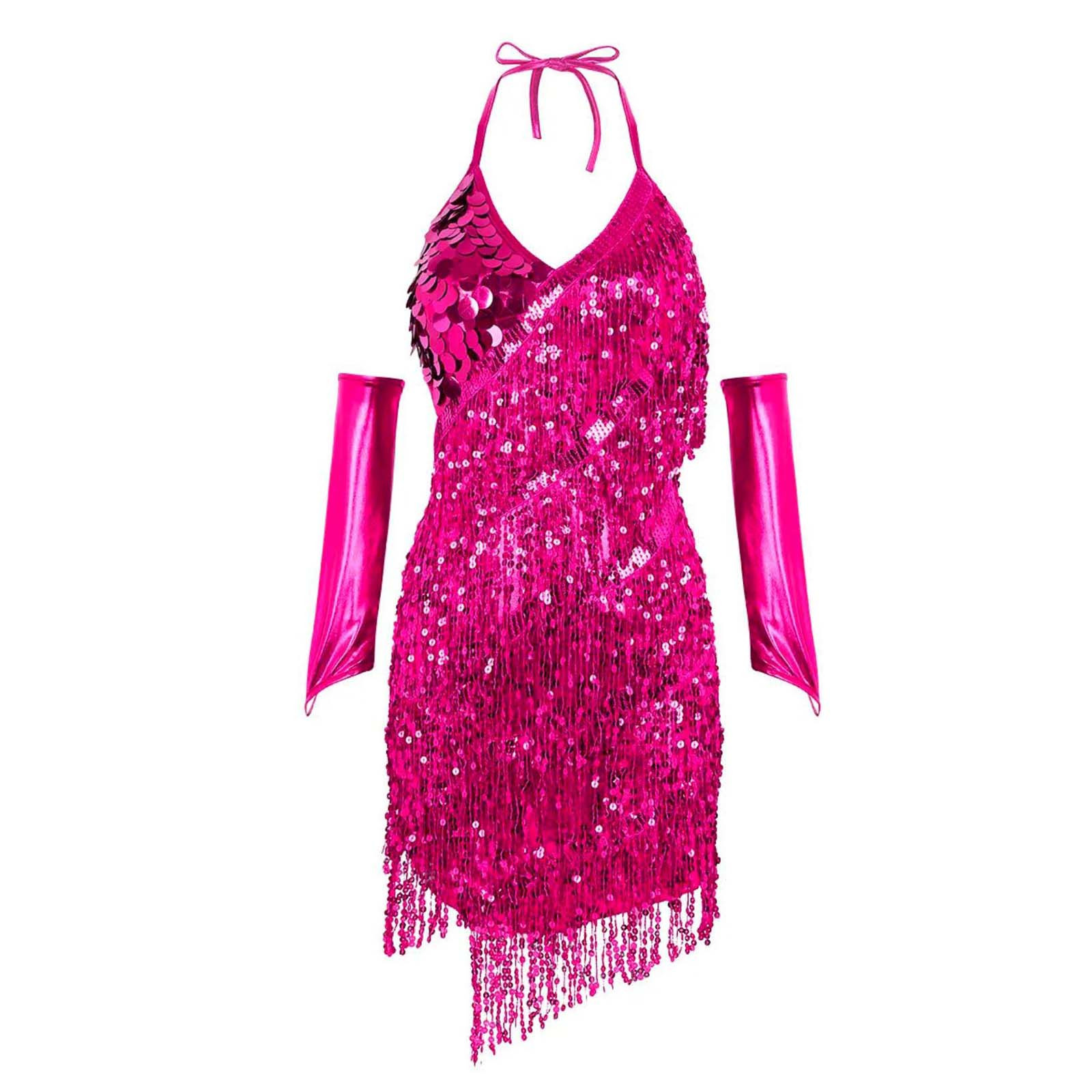Ranfeno Women'S Glamorous Gold Sequin And Fringe Halter Mini Latin Dance Dress With Sleeves And Bralette For Carnival Party Luxury Dress