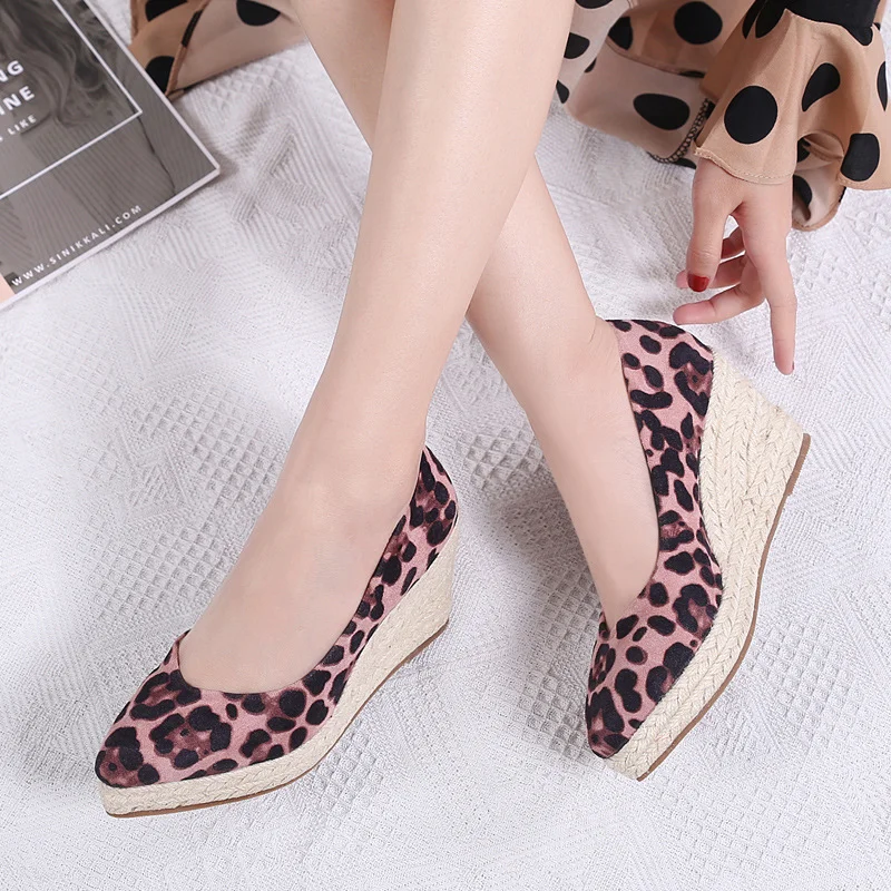 Wongn Wongn Spring And Autumn 2023 Wedge Single Shoes Women's Shallow Tip Thick Grass Woven High Heel Female Leopard Grain Thick Heel