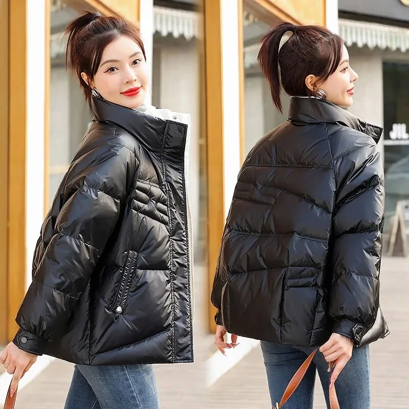 2023 New Women's Parkas Winter Jacket Long Sleeves Glossy Down Cotton Jacket Thick Warm Parka Casual Loose Student Coat Outwear