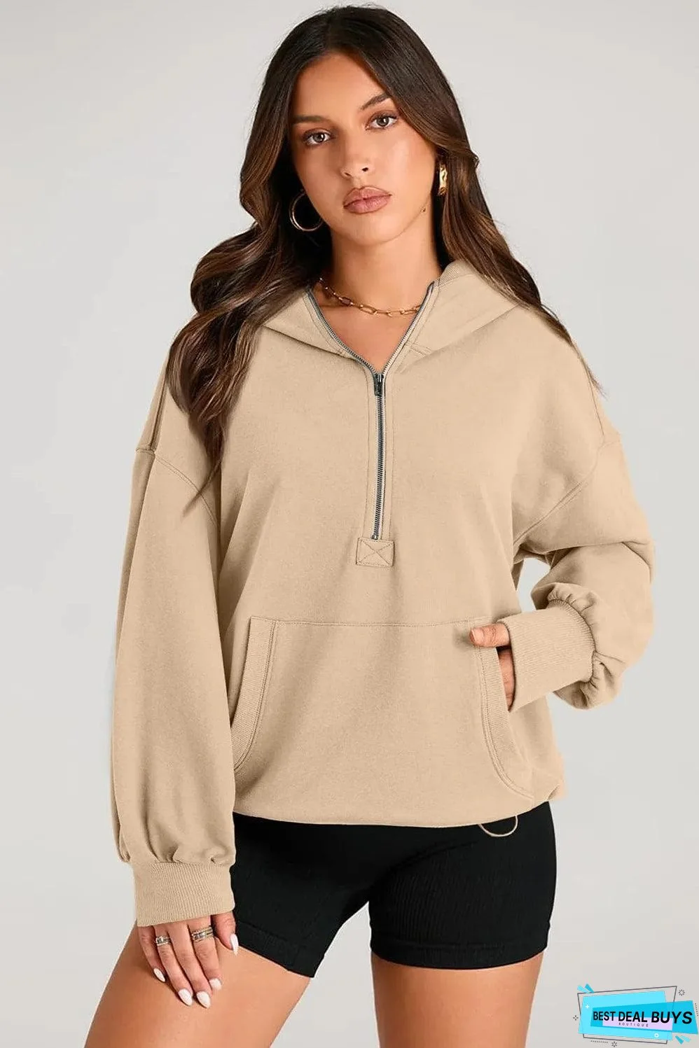 Parchment Solid Kangaroo Pocket Half Zipper Oversized Hoodie