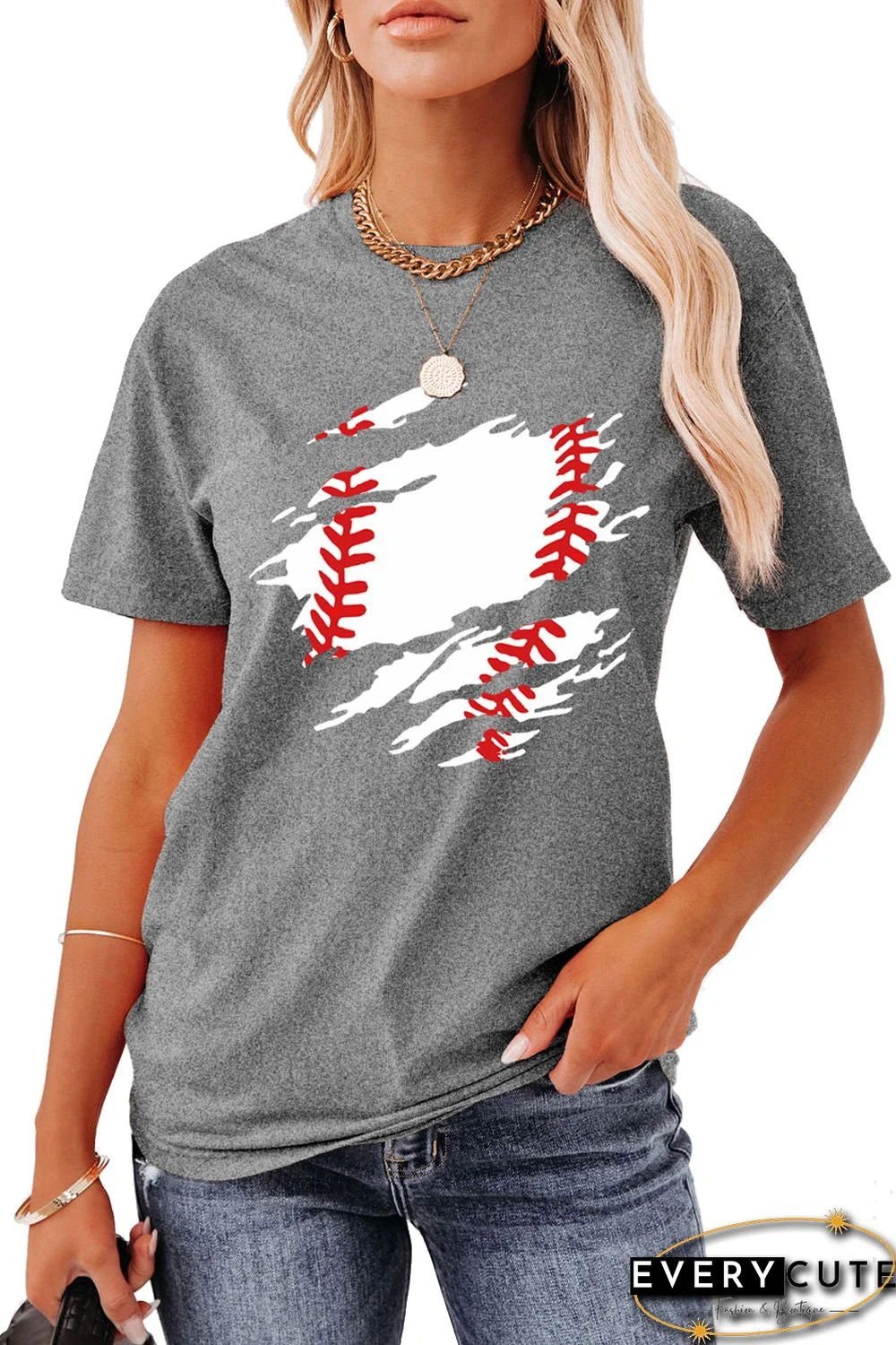 Gray Baseball Abstract Print Short Sleeve Graphic T Shirt