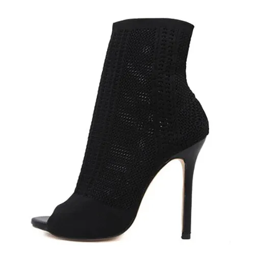 2020 Women Boots Knitted Ankle Woman Fashion High Thin Heel Women's Hollow Out Fashion Ladies Peep Toe Female Elegant Sock Shoes