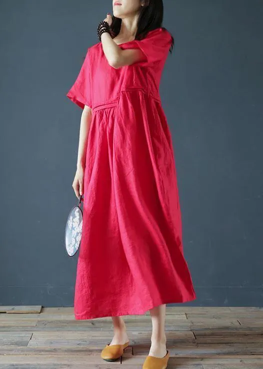 Beautiful o neck Cinched linen summer clothes Fabrics red Dresses