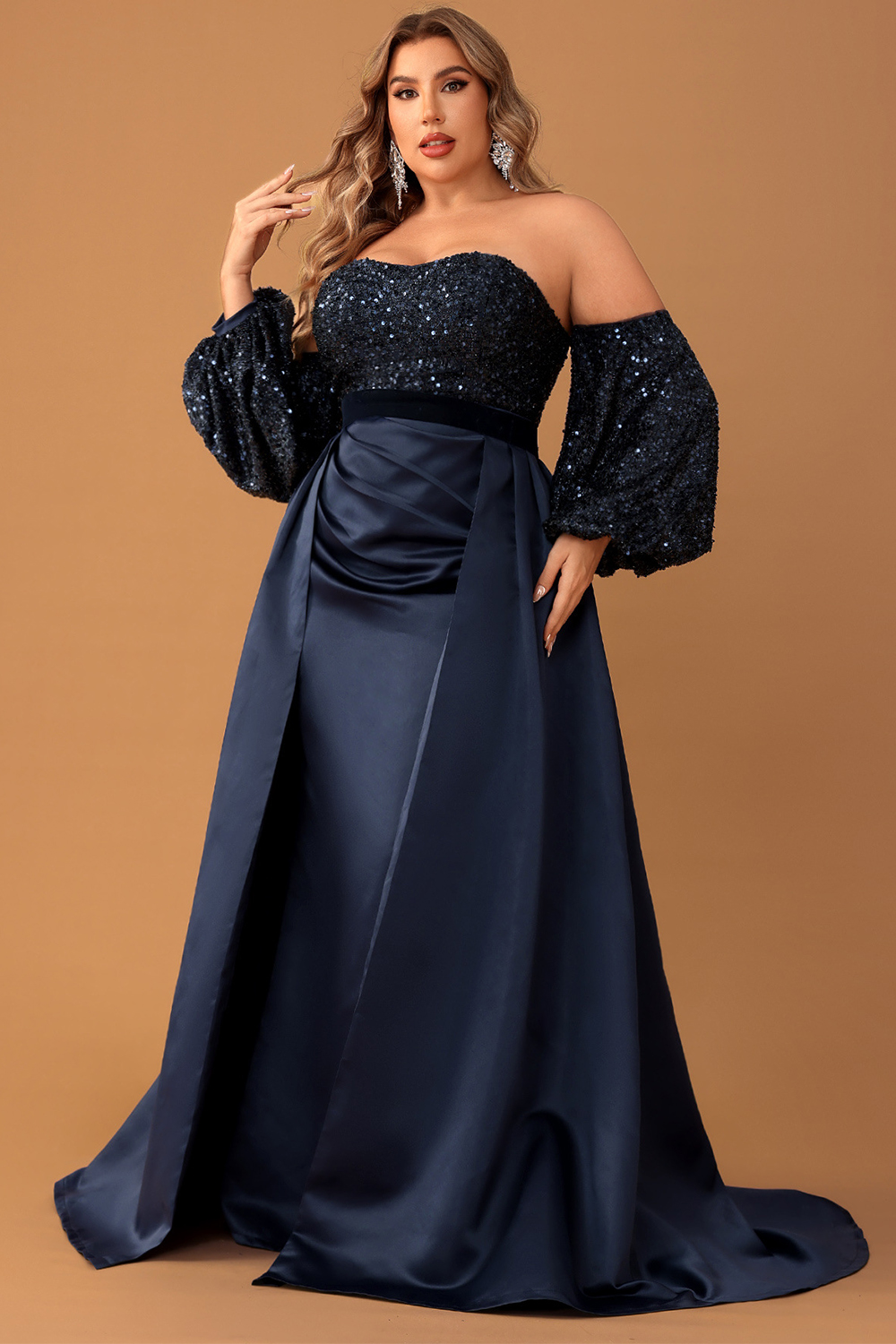 Plus Size Formal Navy Blue Satin Sequin Off The Shoulder Lantern Sleeve Layered Maxi Dress