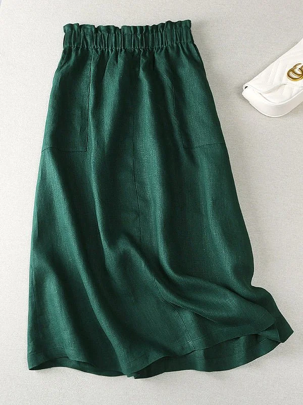 Solid Color Elastic Waist A-Line Casual Linen Skirt