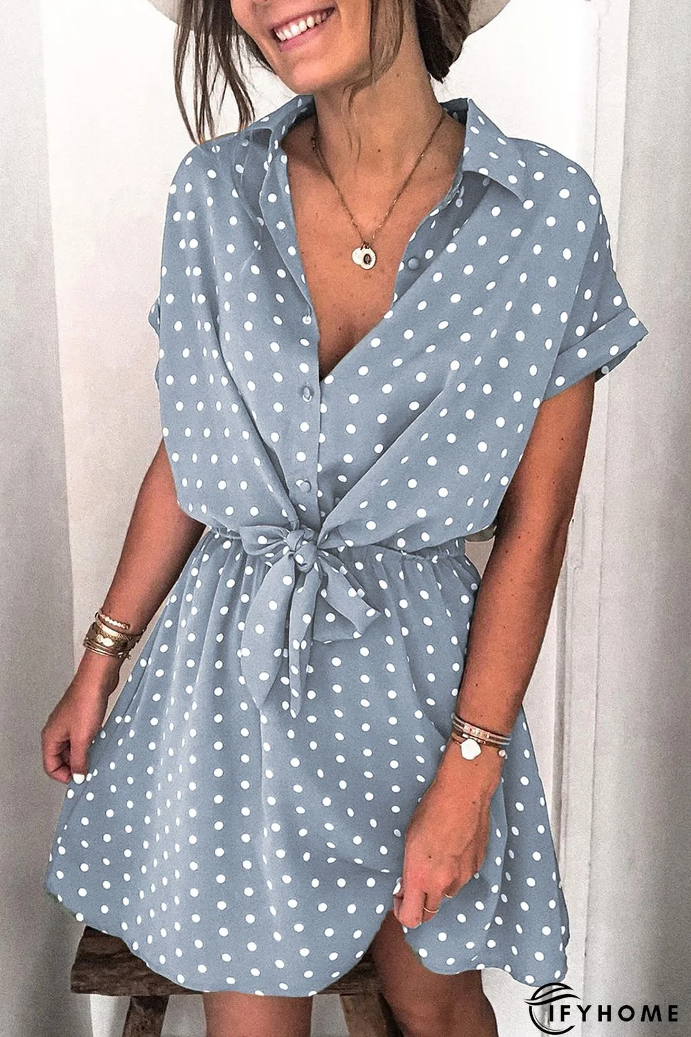 Polka Dot Shirt Collar Short Sleeve Mini Dress | IFYHOME