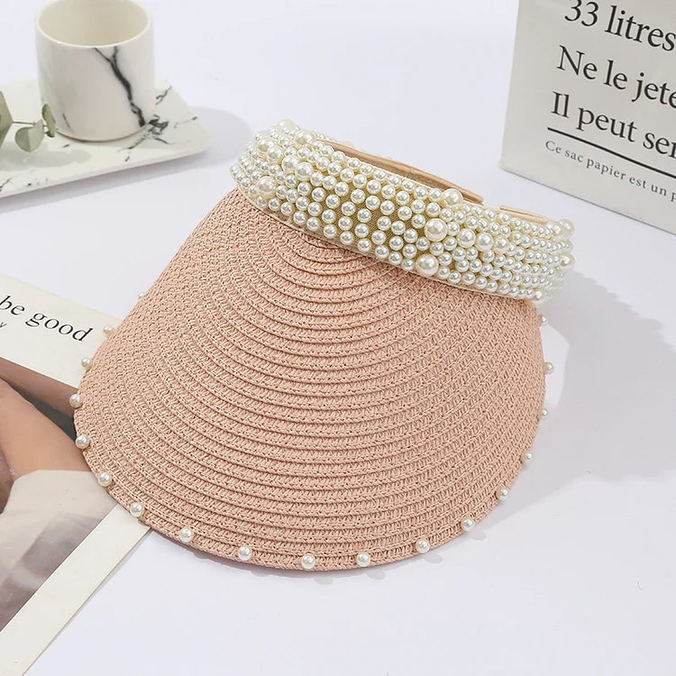 Thin Fashion Pearl Sunshade Topless Straw Hat 