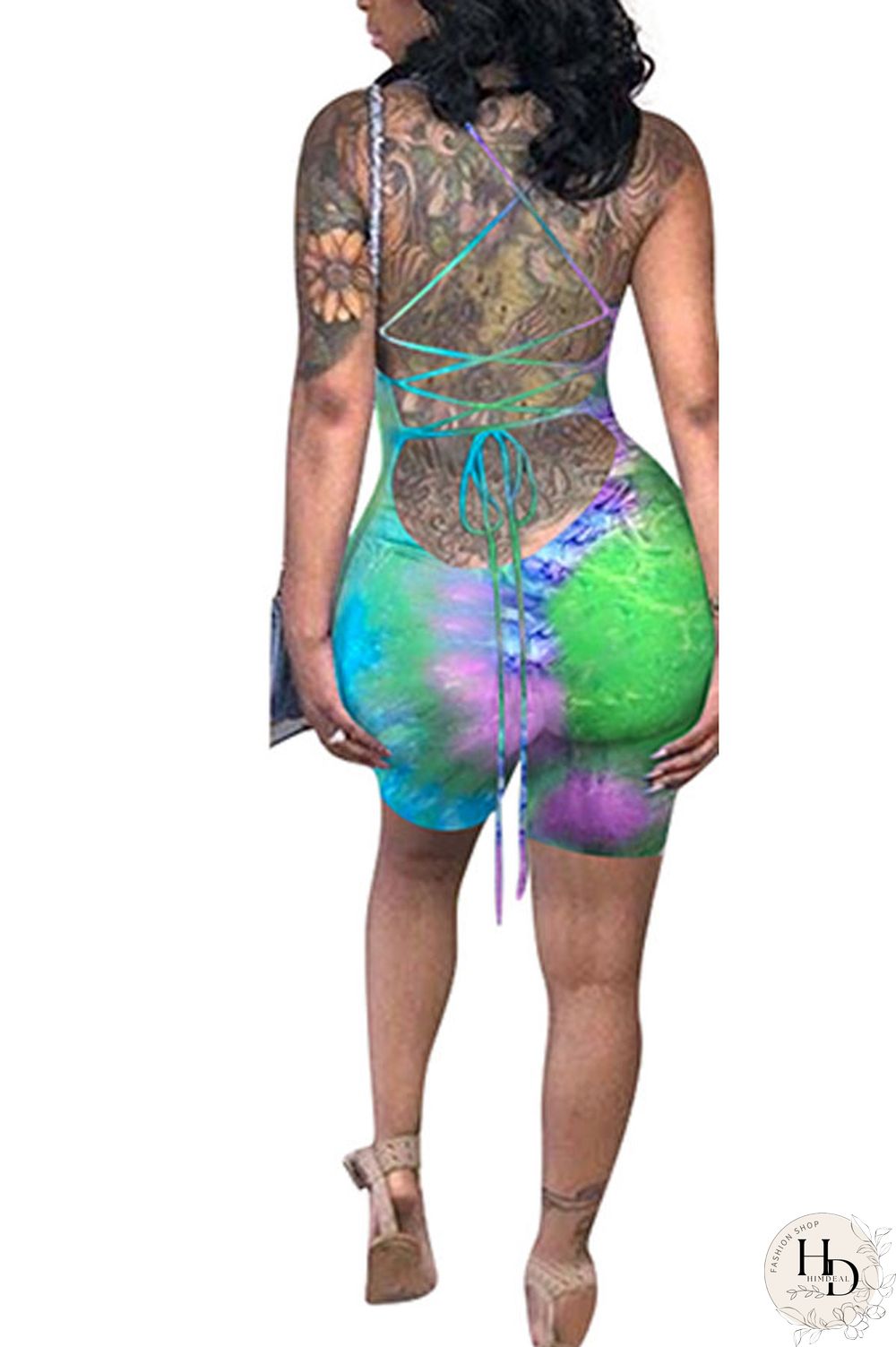 Green Fashion Sexy Coloured drawing Backless Polyester Sleeveless Slip Jumpsuits