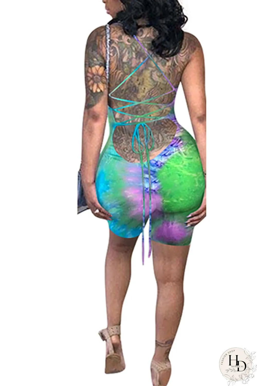 Green Fashion Sexy Coloured drawing Backless Polyester Sleeveless Slip Jumpsuits