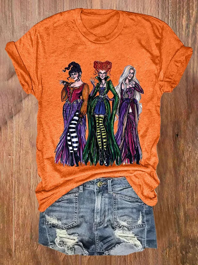 Round Neck Halloween Witch Sisters Print T-Shirt