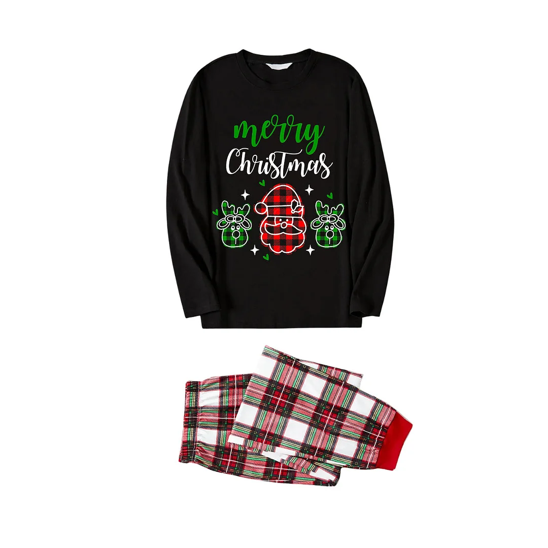 Santa Moose Cute Cartoon Pattern "Merry Christmas" Letter Prints Black Long Sleeves Top with Green& Yellow& Red plaid pants Family Matching Pajamas