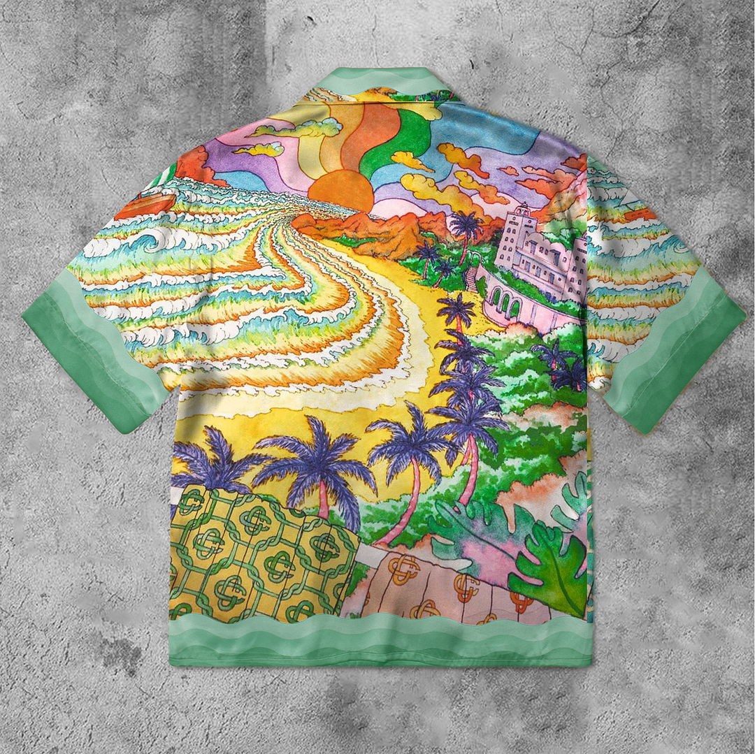 Rainbow literary style printed casual short-sleeved shirt after the rain