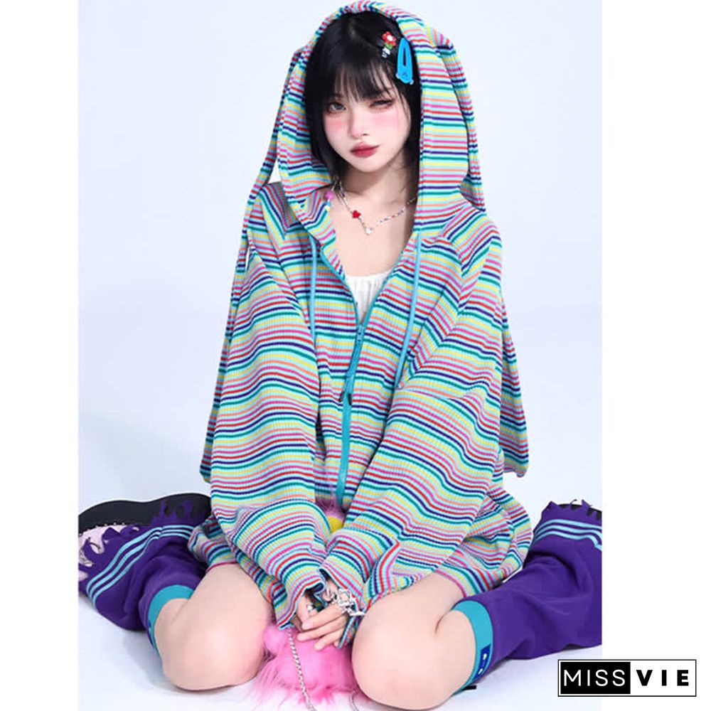 Long Bunny Ears Pocket Oversize Zipper Hooded Sweatshirt