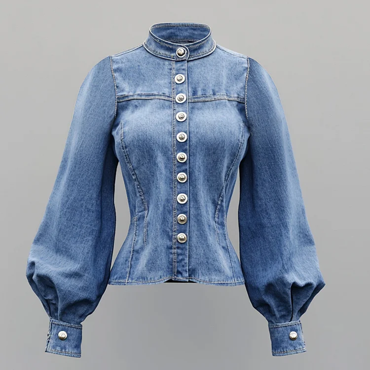 Ursime Denim Lantern Sleeve Stand Collar Metal Button Blouse