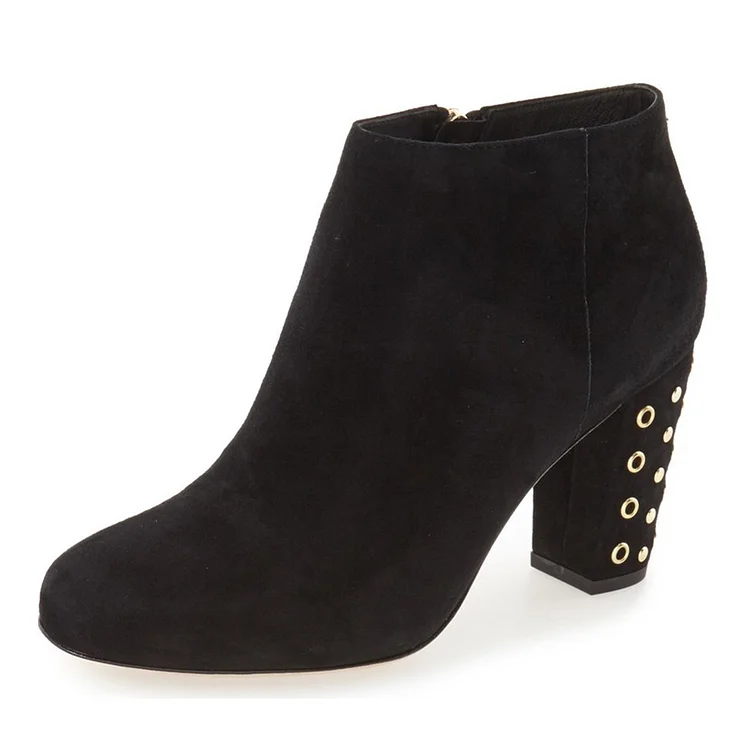 Black Vegan Suede Chunky Heel Boots Round Toe Studs Ankle Boots |FSJ Shoes