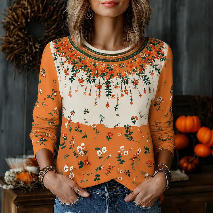 Women's Retro Floral Color Block Print Casual Long-sleeve Crew Neck T-shirt
