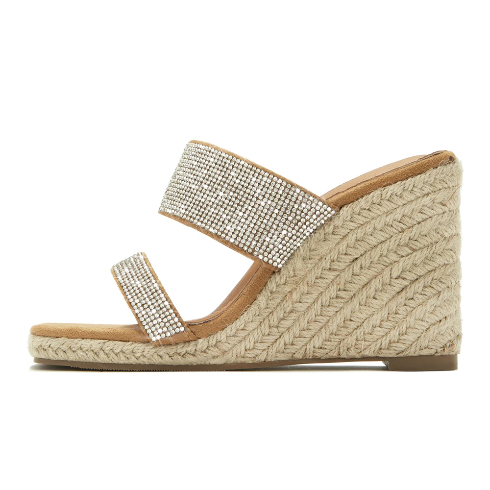 Brown Rhinestone Square Toe 4'' Wedge Heel Strap Mules Nicepairs
