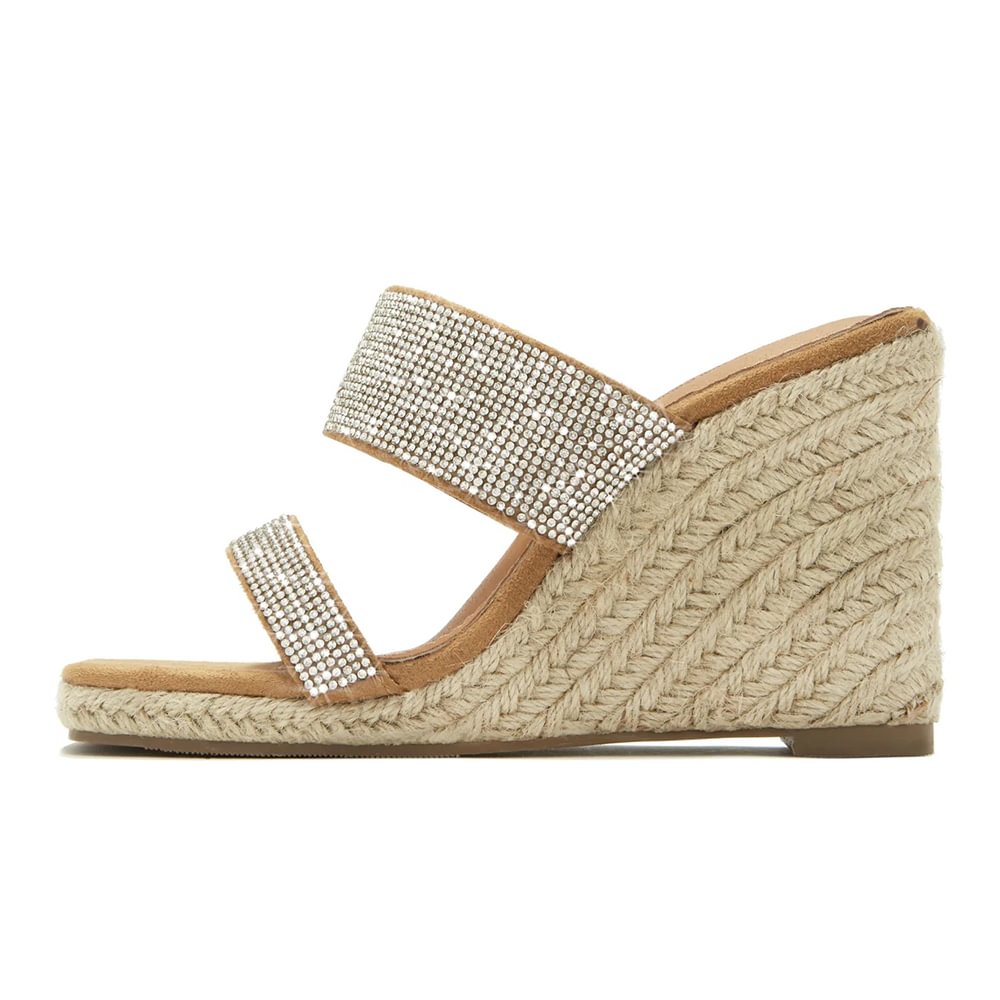 Brown Suede Opened Square Toe Rhinestone Decor Double Strappy Mules With Wedge Heels Nicepairs