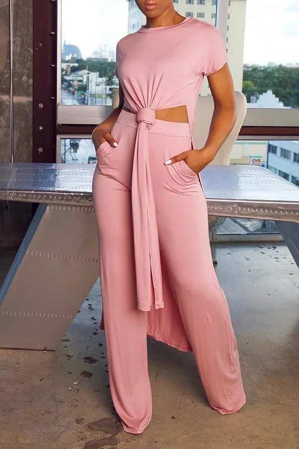 Casual Solid Color Knotted Short Sleeve Two Piece Pant Suits