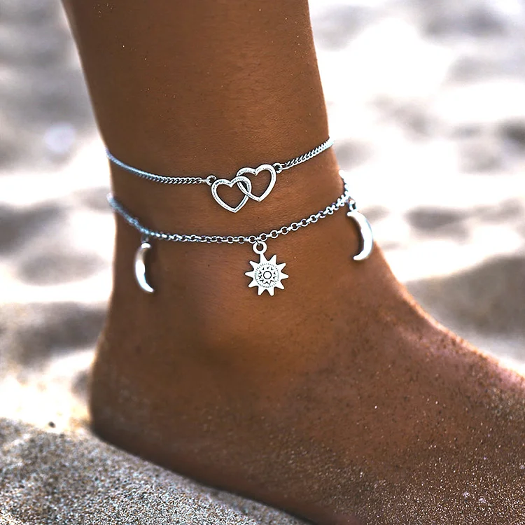 Bohemia Double Heart Anklet with Sun & Moon Charm Summer Foot Chain for Women