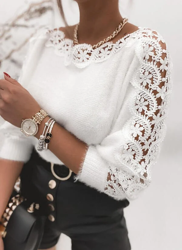 Graduation Gifts  V Neck Sweater Women Lace Stitching Hollow Out Long Sleeves Fall Fashion Loose White Sweaters