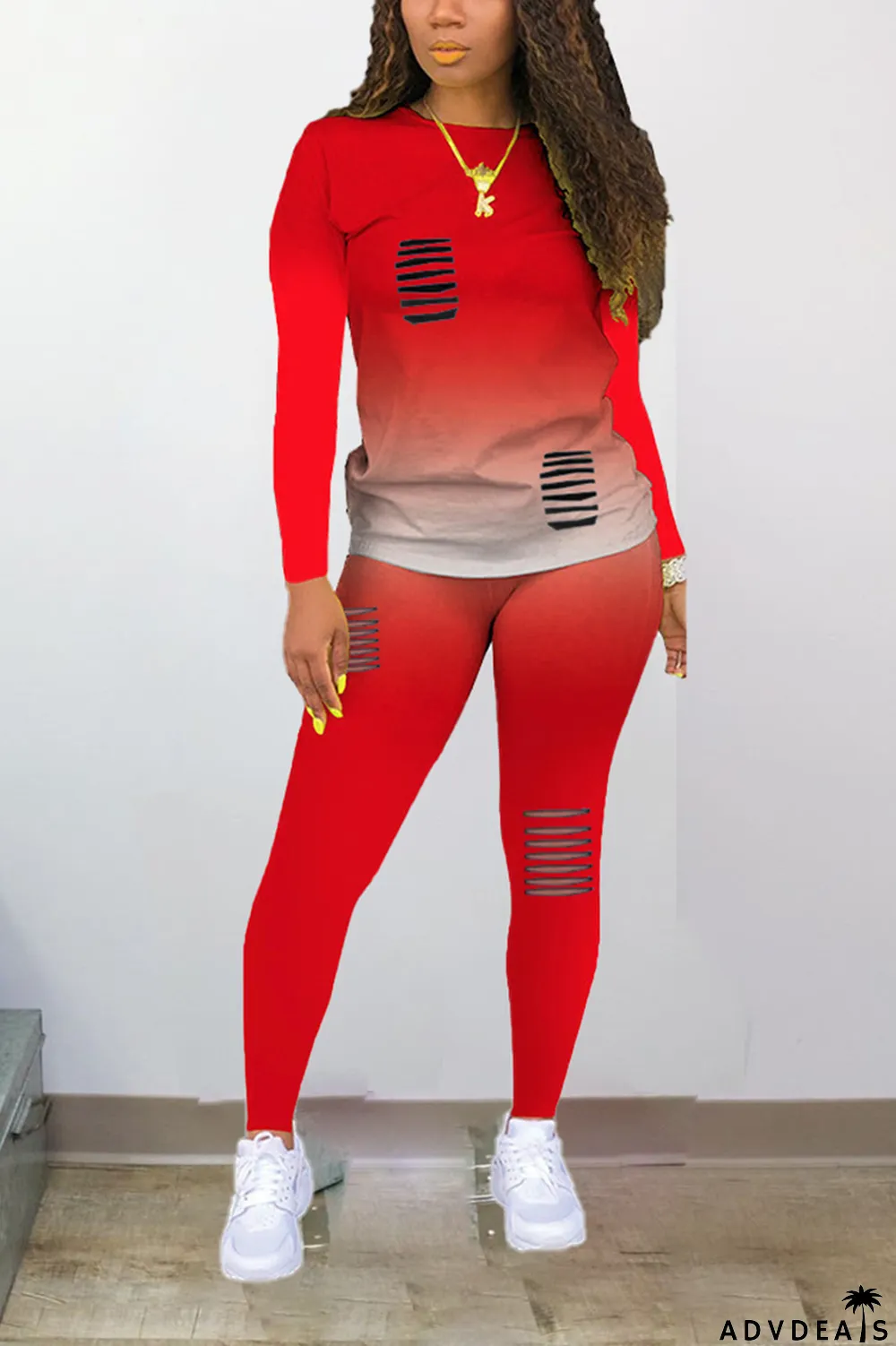 Purple Sexy Gradual Change Ripped O Neck Plus Size