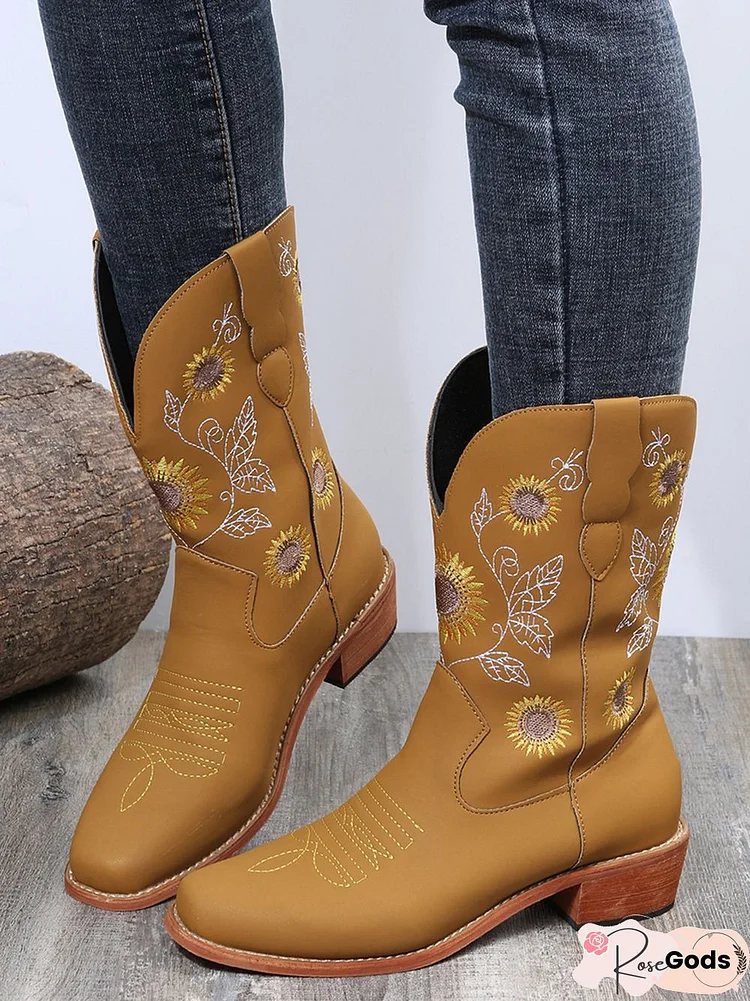 Sunflower Embroidery Boho Cowboy Boots